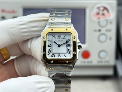 Cartier Santos Mini Size 27*34.5*7.4mm Imported Quartz Movement TT Yellow Gold Band White Watch